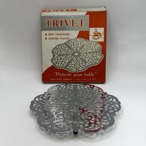 Vintage Irvin-Ware Chrome Trivet with‎ Box 6.5" Non-Tarnish Scroll Design USA